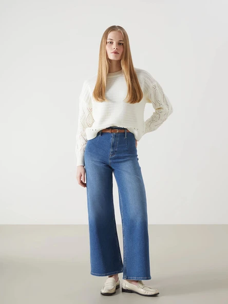 LCW Jeans İNDİGO Beli Kemerli Wideleg Kadın Jean Pantolon ürün görseli 1