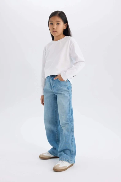 Defacto D9157 Mavi Kız Çocuk Wide Leg Geniş Paça Jean Pantolon ürün görseli 1