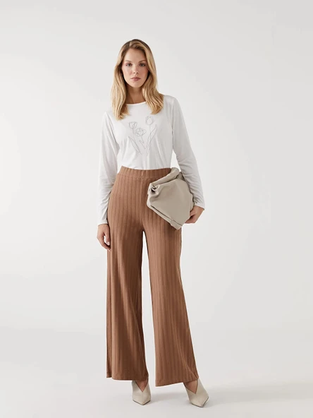 LCW ECO Kahverengi Beli Lastikli Geniş Paça Kadın Pantolon ürün görseli 1