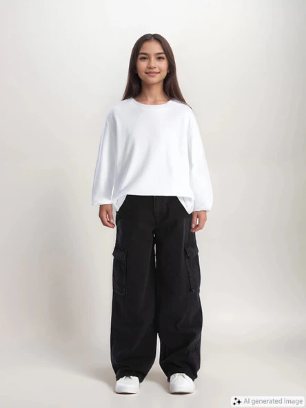 LCW Kids SİYAH Beli Ayarlanabilir Lastikli Kız Çocuk Pantolon ürün görseli 1