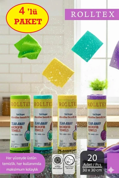 ROLLTEX 4'lü Paket 80 Yaprak 30X30CM Yırt Kopar %100 Mikrofiber Temizlik Bezi 4 Renk ürün görseli 1