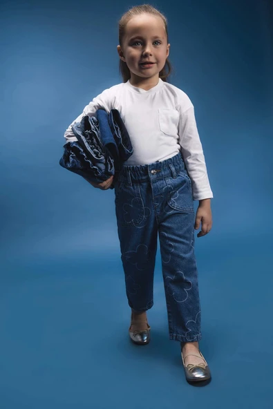 Defacto E7830 Mavi Kız Bebek Paperbag Çiçekli Jean Pantolon ürün görseli 1