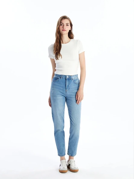 LCW Jeans Indigo Mom Fit Yırtık Detaylı Kadın Jean Pantolon ürün görseli 1