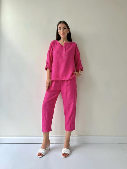 Belis Önü Düğmeli Keten İkili Takım Pembe ürün görseli 1