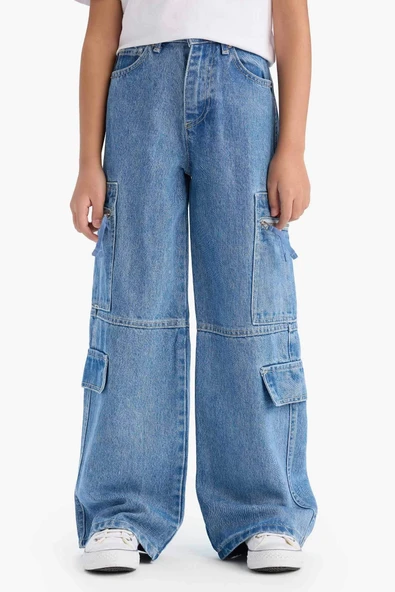 Defacto D9695 Mavi Kız Çocuk Wide Leg Kargo Geniş Bol Paça Jean Pantolon ürün görseli 1