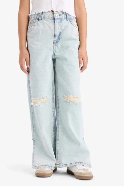 Defacto Z4708 Mavi Kız Çocuk Wide Leg Yırtık Detaylı Geniş Paça Jean Pantolon ürün görseli 1