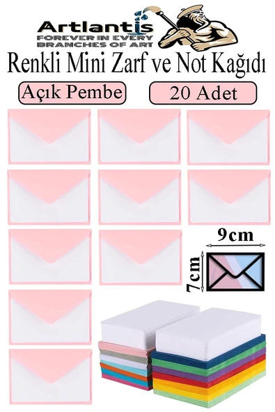 Açık Pembe Mini Zarf 7x9 cm Not Kağıtlı 20 Adet Küçük Açık Pembe Zarf Mektup Oyun Zarfı Doğum Günü Dilekleri Zarfı Canlı Renk ürün görseli 1
