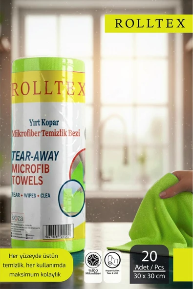 ROLLTEX YEŞİL Yırt Kopar %100 Mikrofiber Temizlik Bezi 30X30CM 20'li Yeşil Renk ürün görseli 1