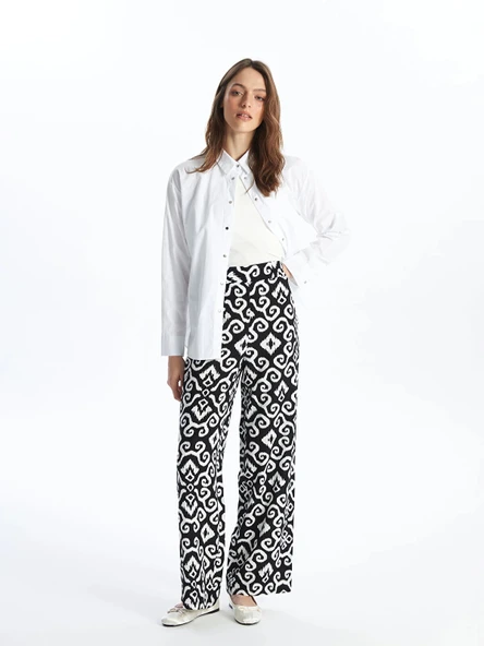 LCWAIKIKI Classic Siyah Beli Lastikli Desenli Geniş Paça Kadın Pantolon ürün görseli 1