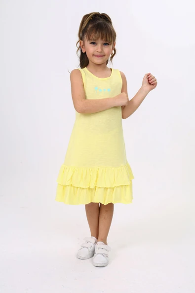 Toontoy Kız Çocuk Baskılı Regular Fit Bisiklet Yaka Kısa Kollu Fırfırlı Elbise - ürün görseli 1
