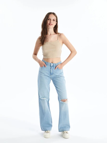 LCW Jeans Indigo Wideleg Yırtık Detaylı Kadın Jean Pantolon ürün görseli 1