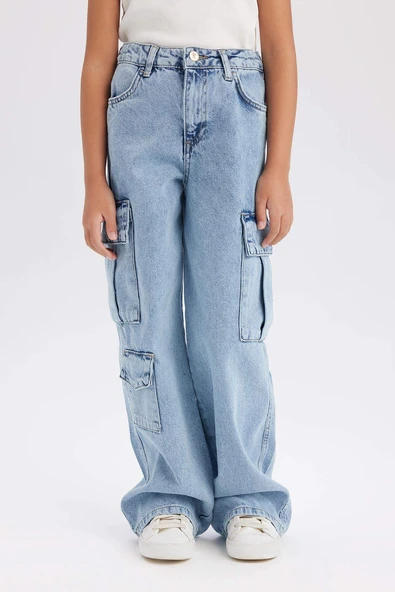Defacto D9694 Mavi Kız Çocuk Wide Leg Kargo Geniş Paça Pamuklu Jean Pantolon ürün görseli 1