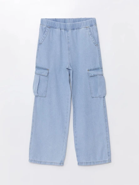 LCW Kids İNDİGO Beli Lastikli Wideleg Kız Çocuk Kargo Jean Pantolon ürün görseli 1