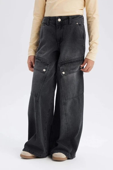 Defacto D9693 DENIM Kız Çocuk Wide Leg Kargo Geniş Paça Pamuklu Pantolon ürün görseli 1