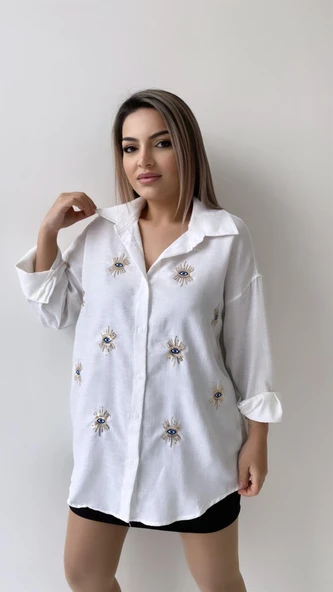 Göz Nakışlı Keten Gömlek Ekru - Resim 5
