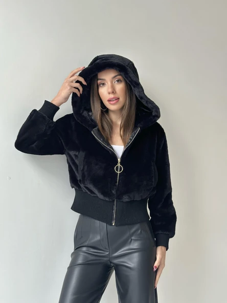 Ribanalı Kapüşonlu Peluş Mont Siyah - Resim 3