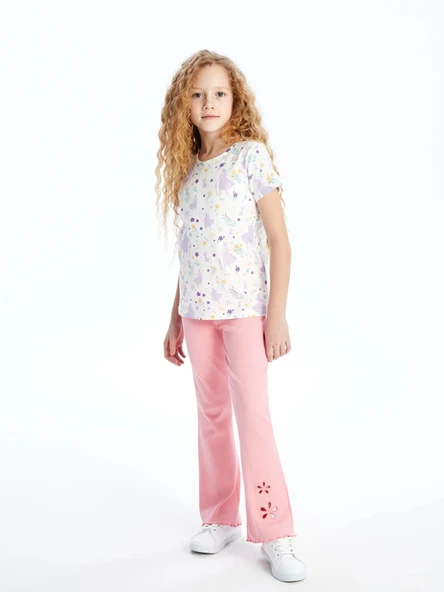 LCW Kids PEMBE Beli Lastikli Çiçekli İspanyol Paça Kız Çocuk Tayt ürün görseli 1