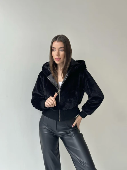 Ribanalı Kapüşonlu Peluş Mont Siyah ürün görseli 1