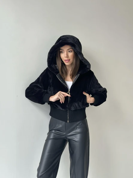 Ribanalı Kapüşonlu Peluş Mont Siyah - Resim 7