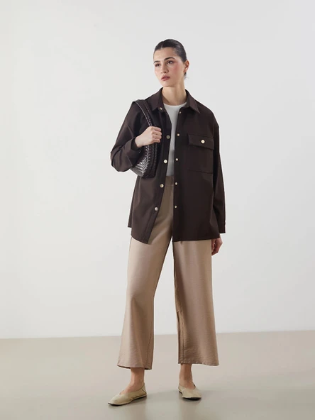 LCW Modest Bej Beli Lastikli Geniş Paça Kadın Pantolon ürün görseli 1