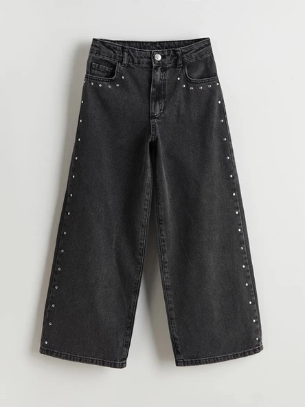 LCW Kids SİYAH Beli Ayarlanabilir Lastikli Taşlı Kız Çocuk Jean Pantolon ürün görseli 1