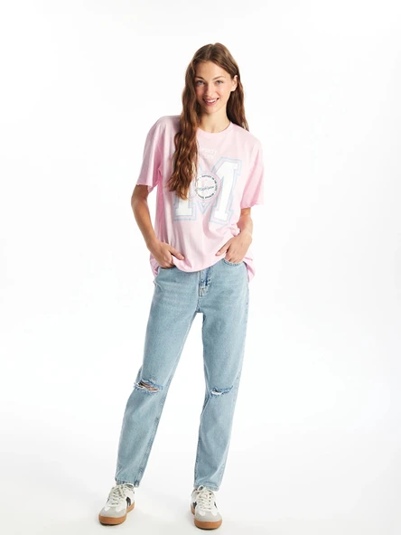 XSIDE Mavi Yüksek Bel Mom Fit Yırtık Detaylı Kadın Jean Pantolon ürün görseli 1