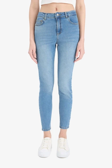 Defacto D8189 İndigo Skinny Fit Yüksek Bel Düz Paça Uzun Jean Taş Yıkama Pantolon ürün görseli 1