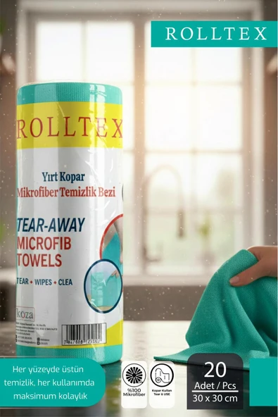 ROLLTEX MAVİ Yırt Kopar %100 Mikrofiber Temizlik Bezi 30x30cm 20'li Mavi Renk ürün görseli 1