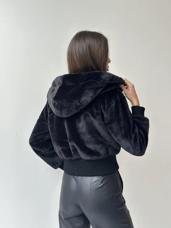 Ribanalı Kapüşonlu Peluş Mont Siyah - Resim 5