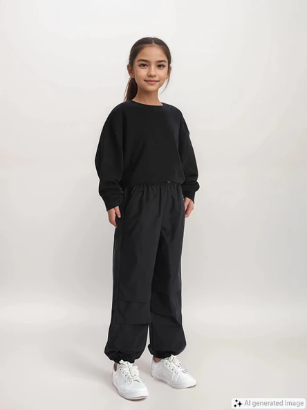 LCW Kids SİYAH Beli Lastikli Kız Çocuk Jogger Pantolon ürün görseli 1