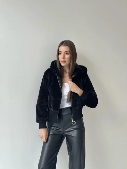 Ribanalı Kapüşonlu Peluş Mont Siyah - Resim 6