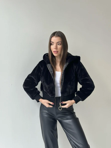 Ribanalı Kapüşonlu Peluş Mont Siyah - Resim 4