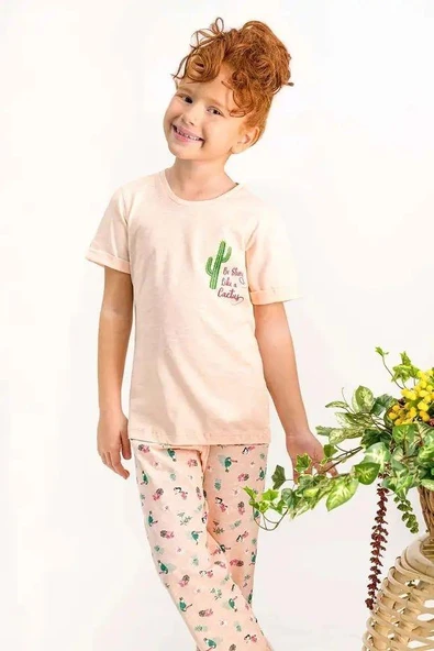 Arnetta Kız Çocuk Kısa Kollu Bisiklet Yaka Kaktüs Desenli Pijama Takım ürün görseli 1