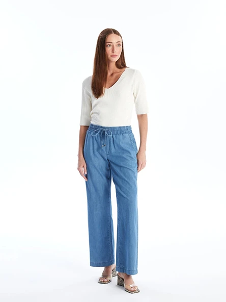 LCWAIKIKI Classic Mavi Beli Lastikli Wideleg Kadın Jean Pantolon ürün görseli 1