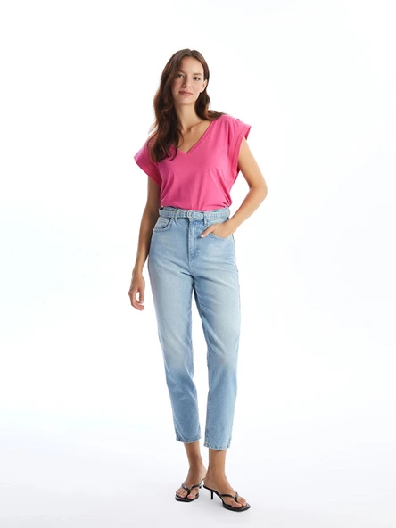 LCW Jeans Indigo Beli Kemerli Mom Fit Kadın Jean Pantolon ürün görseli 1
