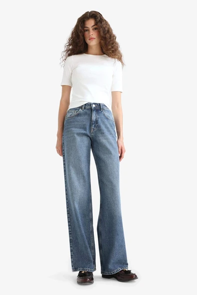 Defacto E9130AXNM28 Mavi Straight Wide Yüksek Bel Düz Paça Uzun Jean Pantolon ürün görseli 1