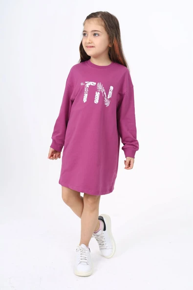 Toontoy Kız Çocuk Baskılı Relax Fit Bisiklet Yaka Uzun Kollu Elbise - ürün görseli 1