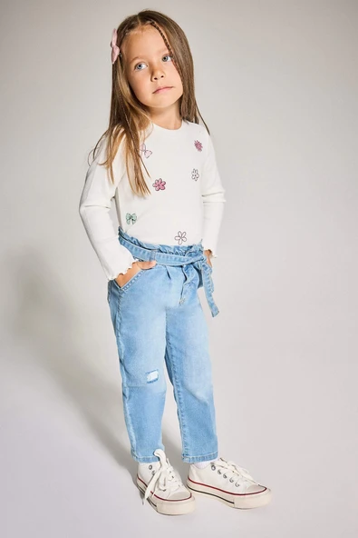Defacto D1532A5BE394 Mavi Kız Bebek Paperbag Düz Paça Jean Pantolon ürün görseli 1