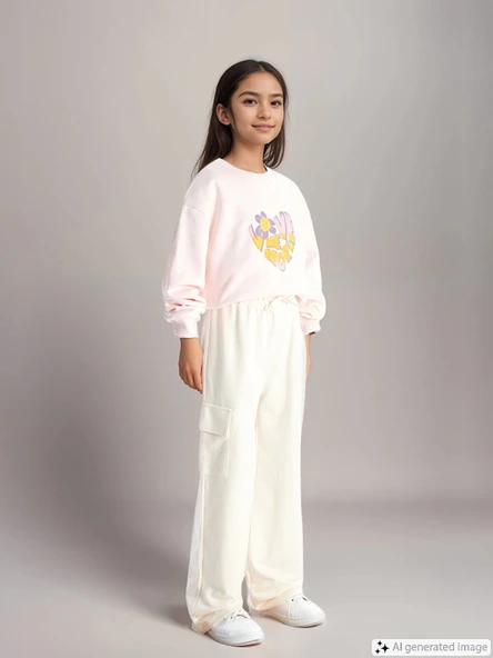 LCW Kids Ekru Beli Lastikli Kız Çocuk Kalın Jogger Eşofman Altı ürün görseli 1