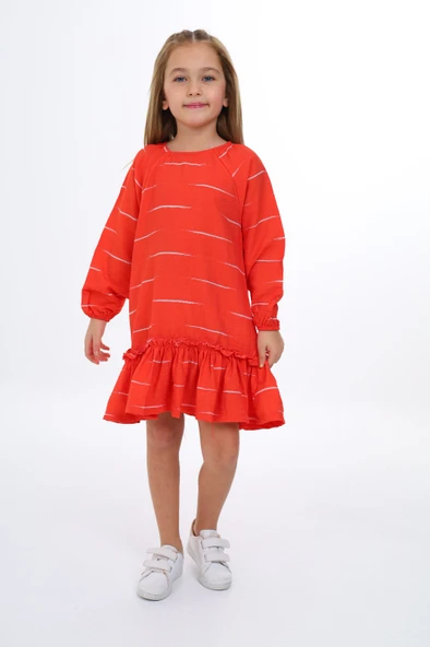 Toontoy Kız Çocuk Baskılı Relax Fit Bisiklet Yaka Reglan Uzun Kollu Volanlı Elbise - ürün görseli 1