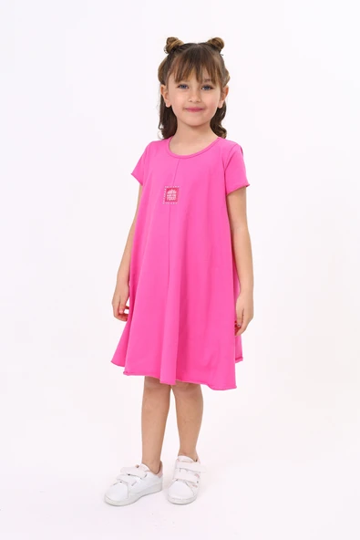 Toontoy Kız Çocuk Baskılı Oversize Bisiklet Yaka Kısa Kollu Elbise - ürün görseli 1
