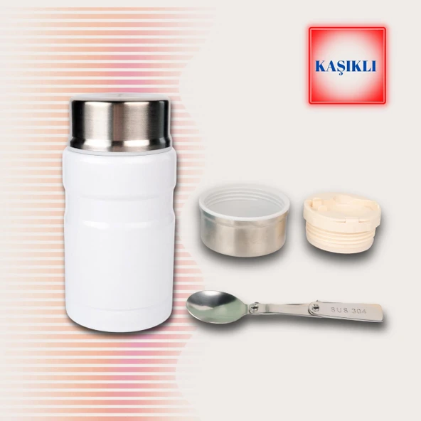 750 ml Paslanmaz Çelik Yemek Termosu-Çelik Kaşıklı,Beyaz ürün görseli 1