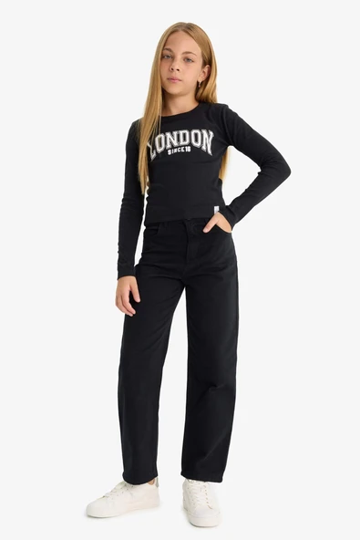 Defacto C9471A8BK27 Siyah Kız Çocuk Straight Fit Geniş Bol Paça Cepli Pamuklu Okul Pantolonu ürün görseli 1