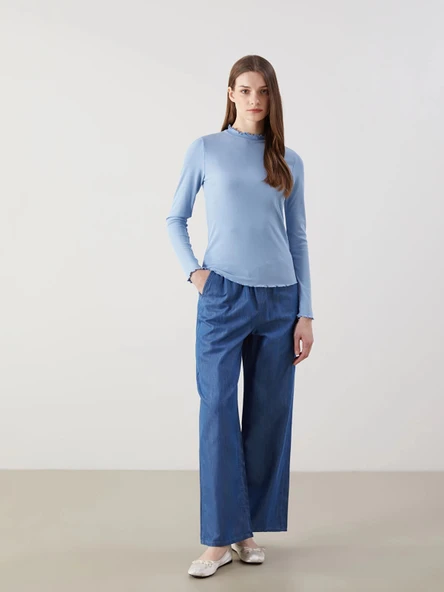 LCW Modest Indigo Beli Lastikli Wideleg Kadın Jean Pantolon ürün görseli 1