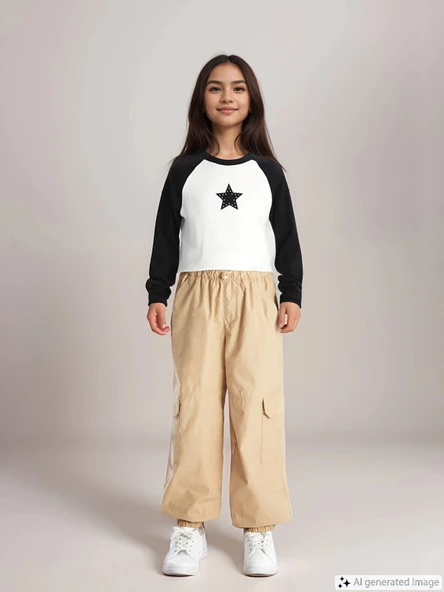 LCW Kids Bej Beli Lastikli Kız Çocuk Kargo Jogger Pantolon ürün görseli 1