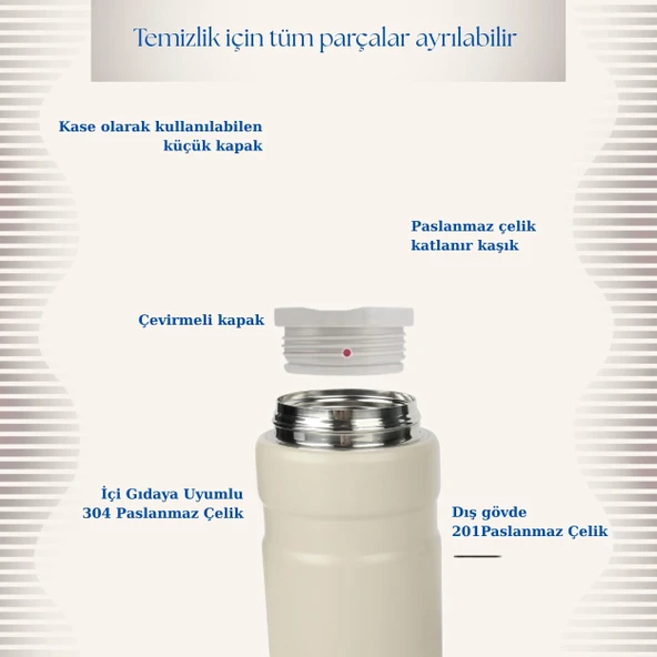 750 ml Paslanmaz Çelik Yemek Termosu-Çelik Kaşıklı,Beyaz - Resim 5