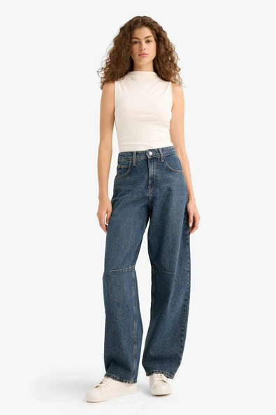 Defacto E9165AXNM34 Mavi Baggy Fit Yüksek Bel Düz Paça Uzun Jean Pantolon ürün görseli 1