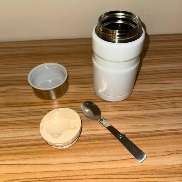 750 ml Paslanmaz Çelik Yemek Termosu-Çelik Kaşıklı,Beyaz - Resim 11