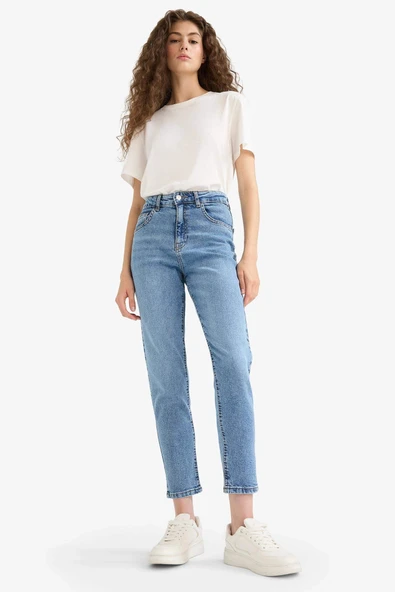 Defacto E9161AXNM28 Mavi Comfort Mom Yüksek Bel Bilek Boy Jean Yıkamalı Pantolon ürün görseli 1