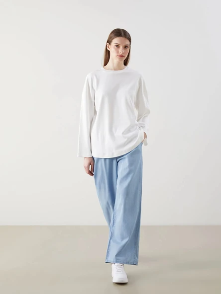 LCW Modest Indigo Beli Lastikli Wideleg Kadın Jean Pantolon ürün görseli 1